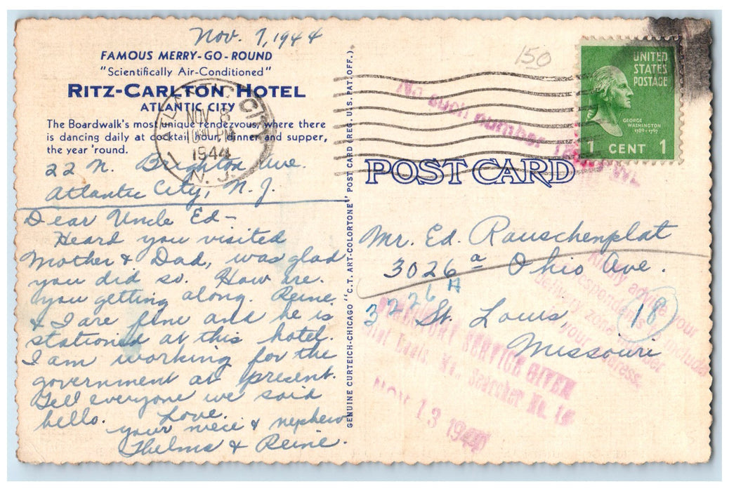 1944 Merry Go Round Bar Ritz Carlton Hotel Atlantic City New Jersey NJ Postcard