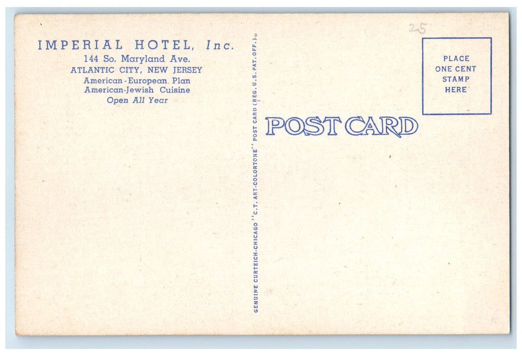 c1940's Imperial Hotel Inc. & Restaurant Atlantic City New Jersey NJ Postcard
