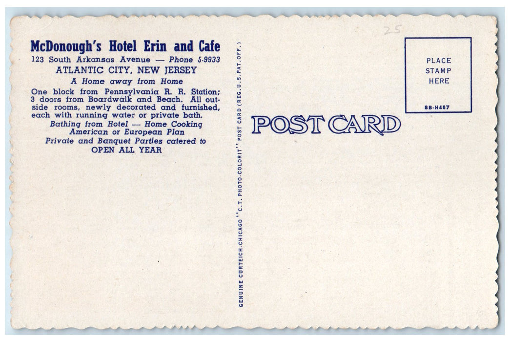 c1940's Hotel Erin & Cafe Arkansas Avenue Atlantic City New Jersey NJ Postcard