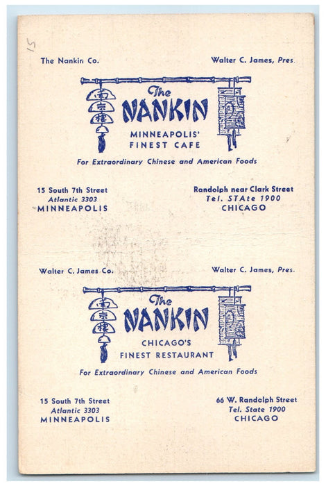 c1940's The Nankin Minneapolis Chicago Finest Cafe Restaurant Dining Postcard