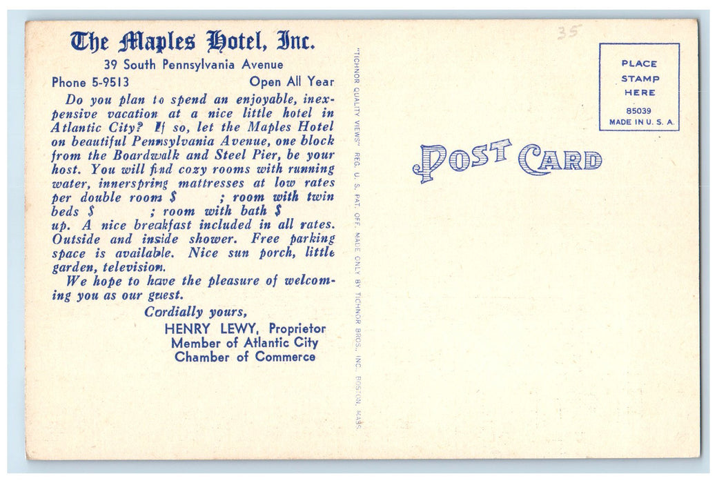 c1940's The Maples Hotel & Restaurant View Atlantic City New Jersey NJ Postcard