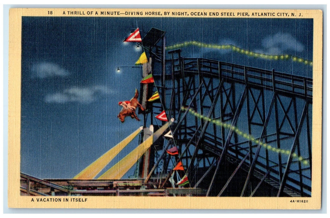c1940's Diving Horse By Night Ocean End Steel Pier Atlantic City NJ Postcard