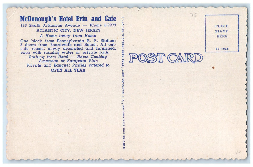 c1940's Hotel Erin & Cafe Restaurant Dining Hall View Atlantic City NJ Postcard