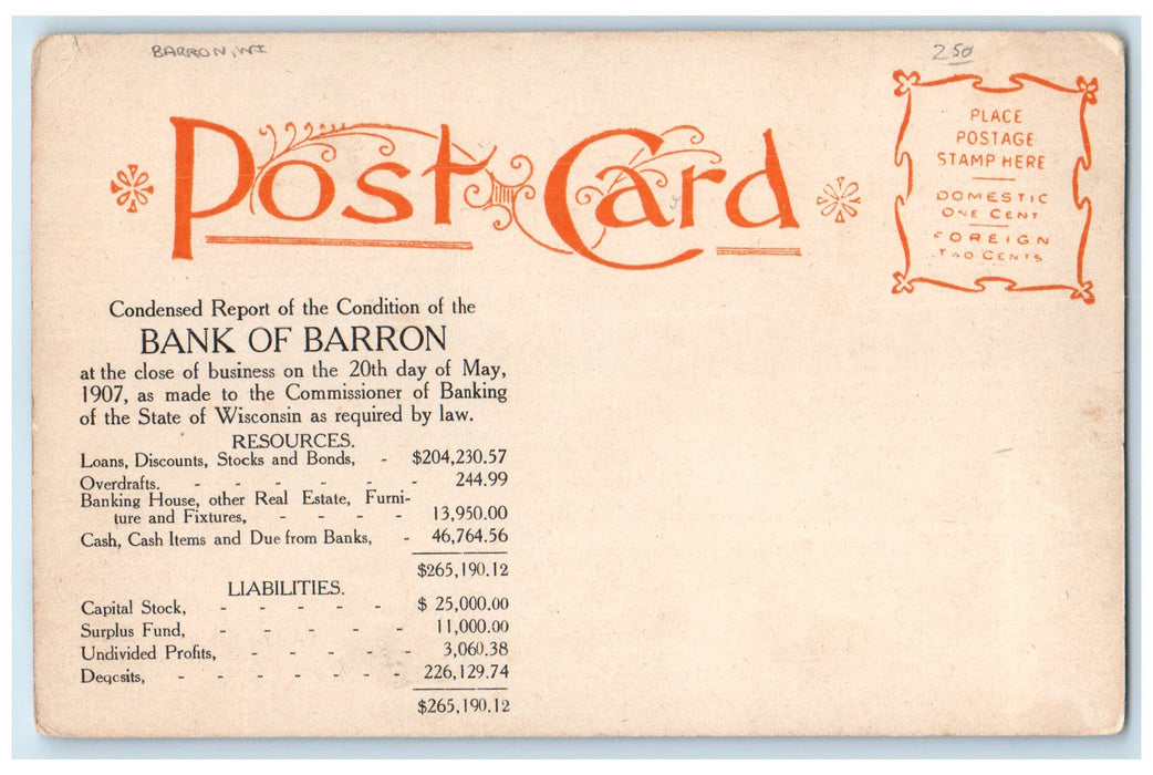 c1905 Bank Of Barron Building Entrance Barron Wisconsin WI Advertising Postcard