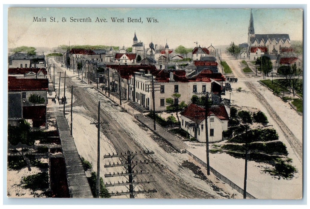 c1950's Main Street & Seventh Avenue Dirt Road West Bend Wisconsin WI Postcard