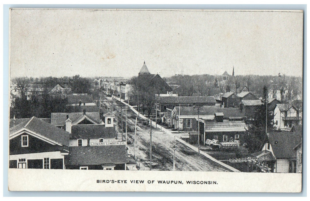 c1905's Birds Eye View Dirt Road Stores Street Of Waupun Wisconsin WI Postcard