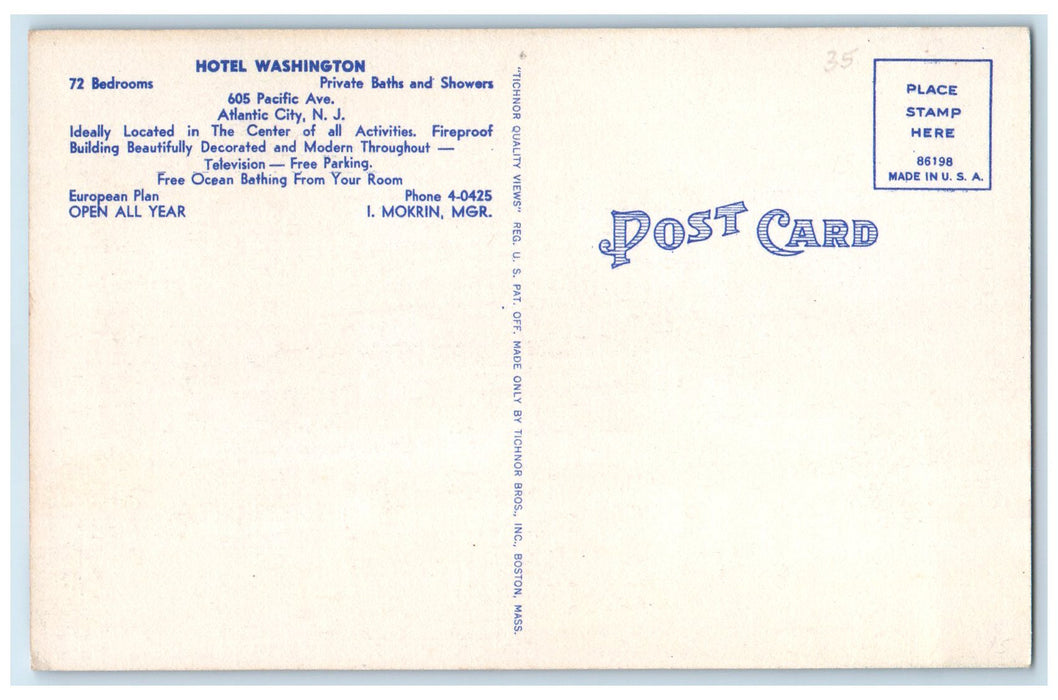 c1940's Washington Hotel & Restaurant View Atlantic City New Jersey NJ Postcard