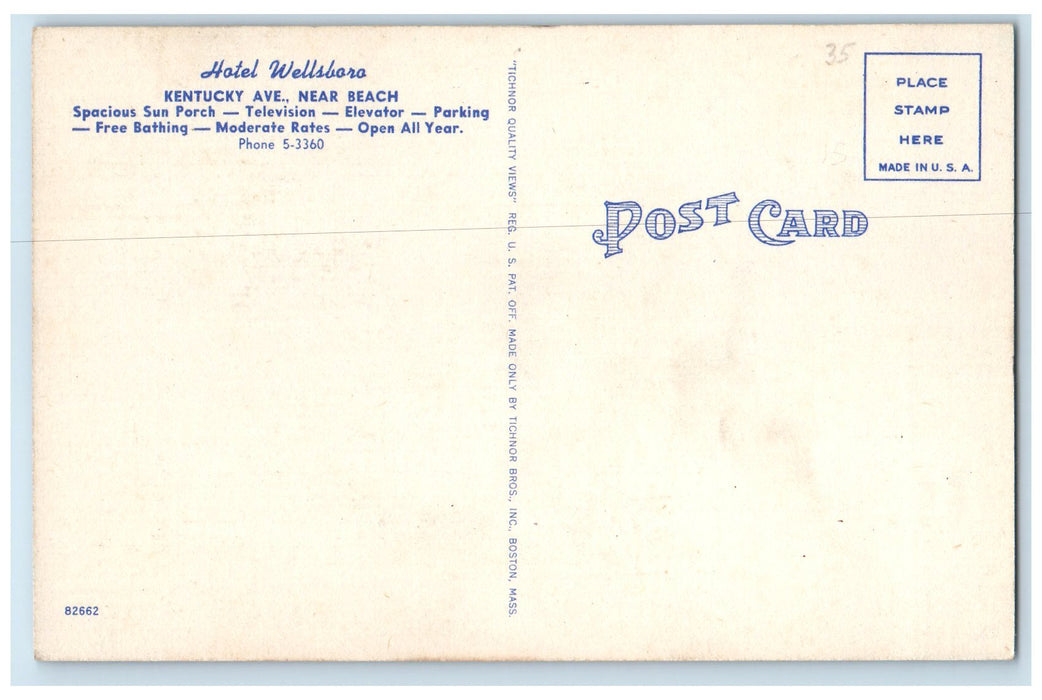 c1940 Hotel Wellsboro & Restaurant Kentucky Ave. Atlantic New Jersey NJ Postcard