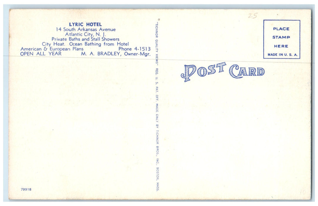 c1940 Lyric Hotel & Restaurant Arkansas Ave Atlantic City New Jersey NJ Postcard
