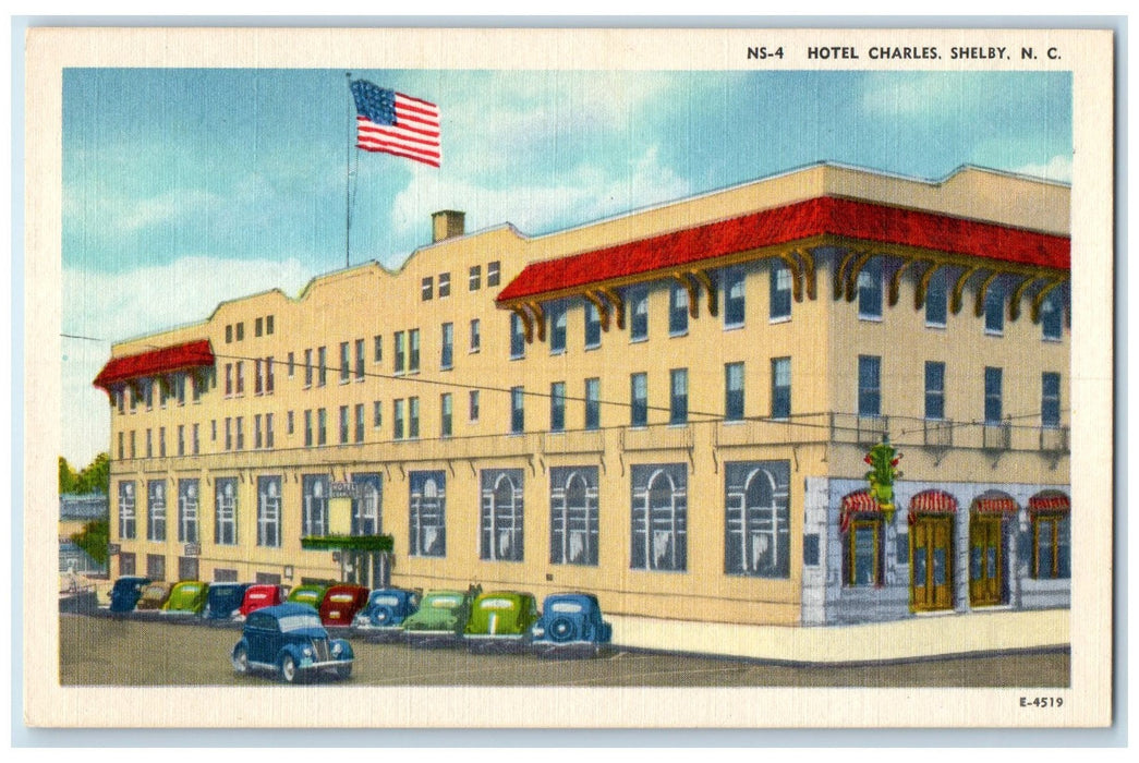 c1940's Hotel Charles & Restaurant Classic Car Shelby North Carolina NC Postcard