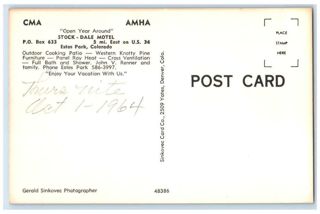 c1960's Stock-Dale Motel Exterior Estes Park Colorado CO Unposted Cars Postcard