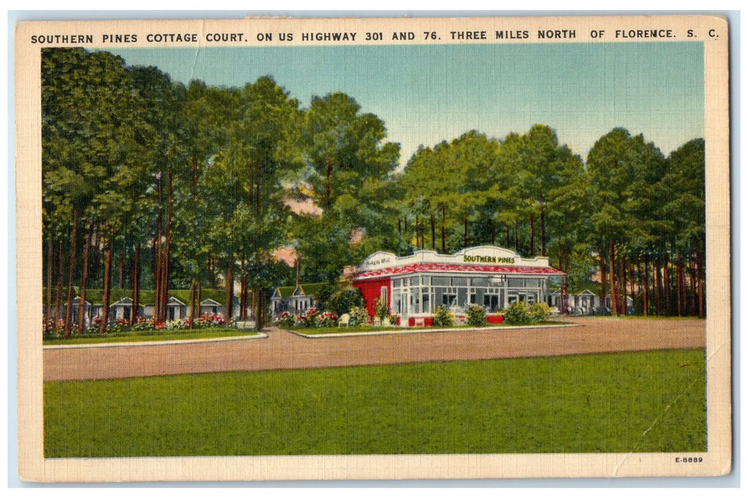 1952 Southern Pines Cottage Court Restaurant Florence South Carolina SC Postcard
