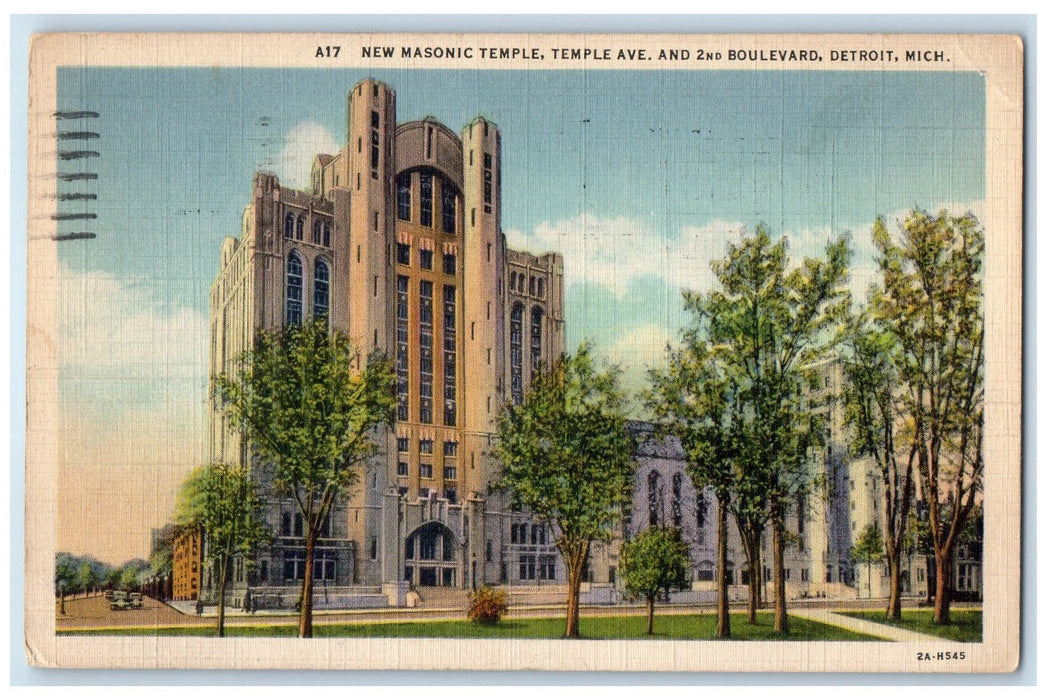 1935 New Masonic Temple Building Tower Trees Detroit Michigan MI Posted Postcard