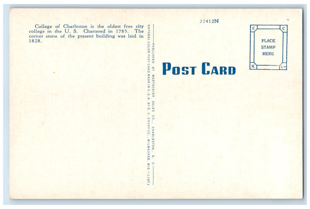 c1950 College Of Charleston One Of Oldest College Campus Charleston SC Postcard