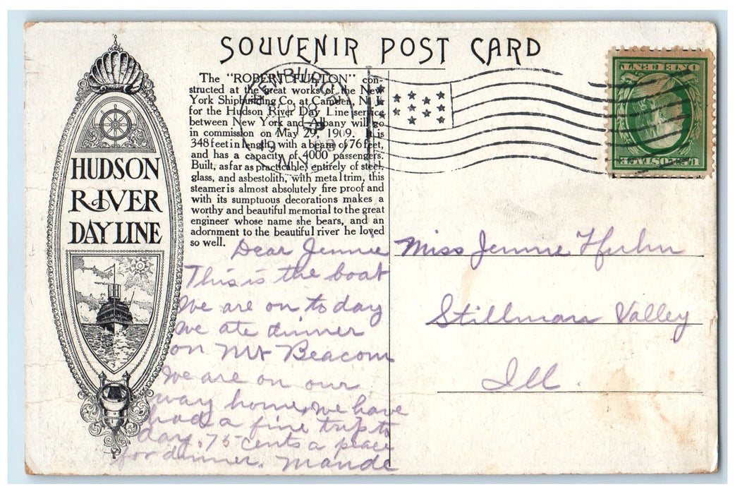 1909 Hudson River Day Line Steamer Robert Fulton New York Alby Service Postcard