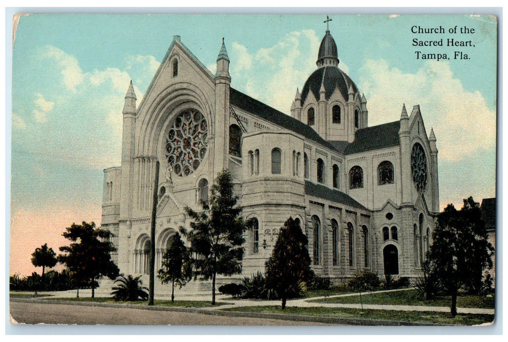 c1910 Church Of The Sacred Heart Building Cross Tower Tampa Florida FL Postcard