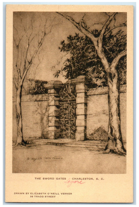 c1920's The Sword Gates Drawing Gateway Charleston South Carolina SC Postcard