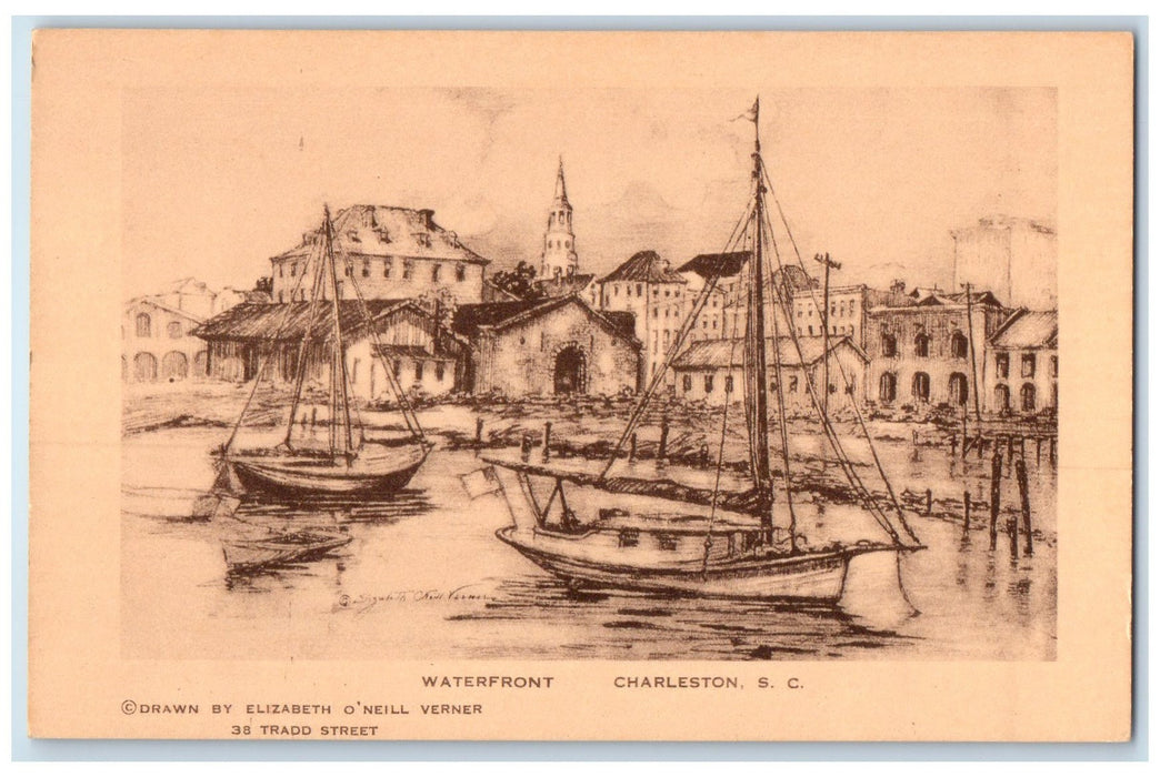 c1920's Waterfront Sailboats Drawing Art Charleston South Carolina SC Postcard