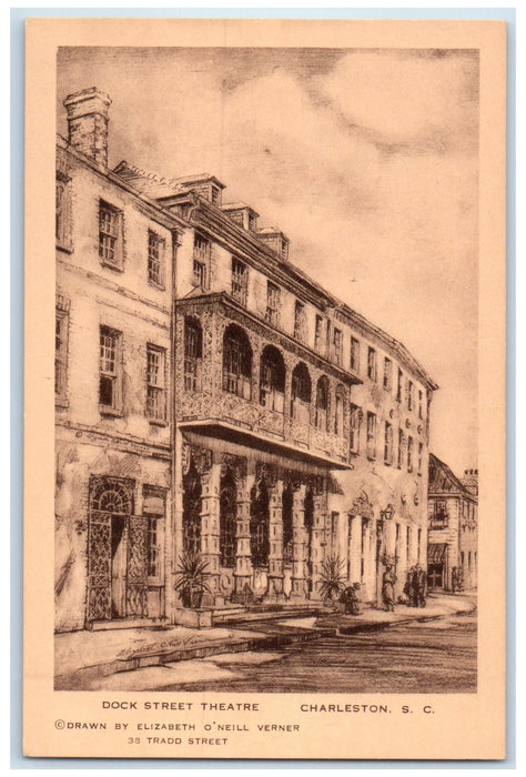 c1920 Dock Street Theater Building Drawing Charleston South Carolina SC Postcard