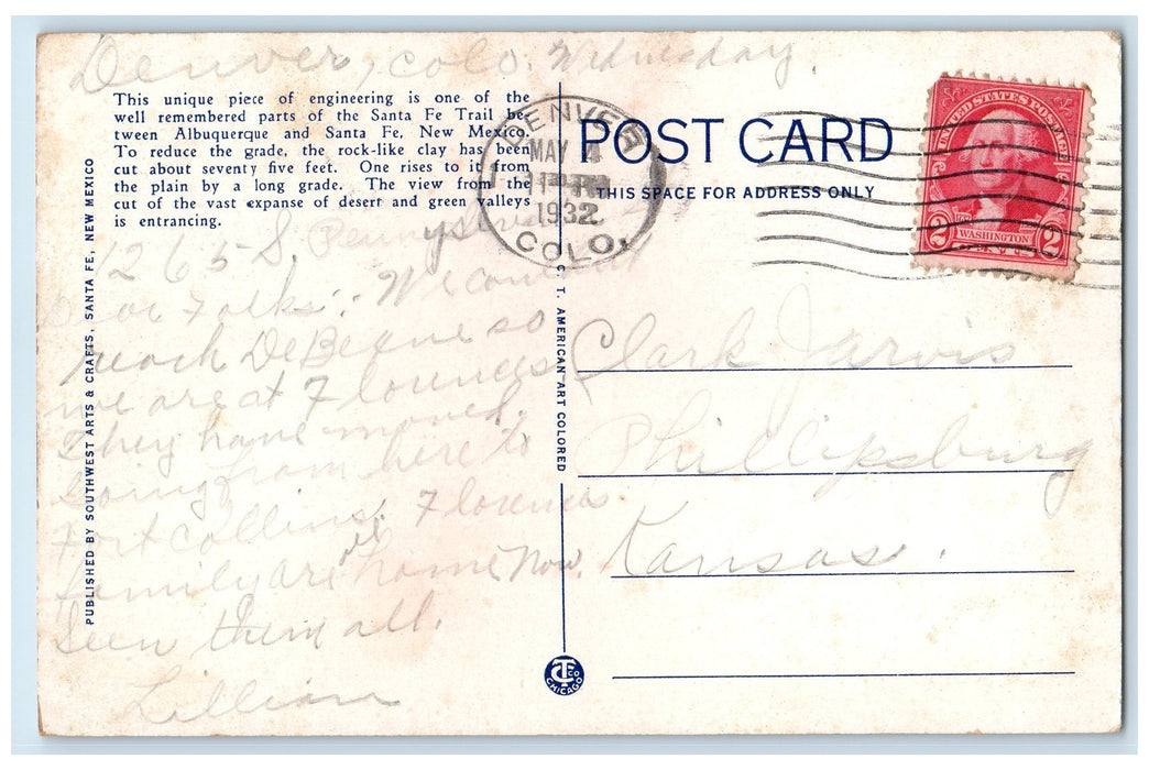 1932 Big Cut On Santa Fe Trail Between Albuquerque New Mexico NM Posted Postcard