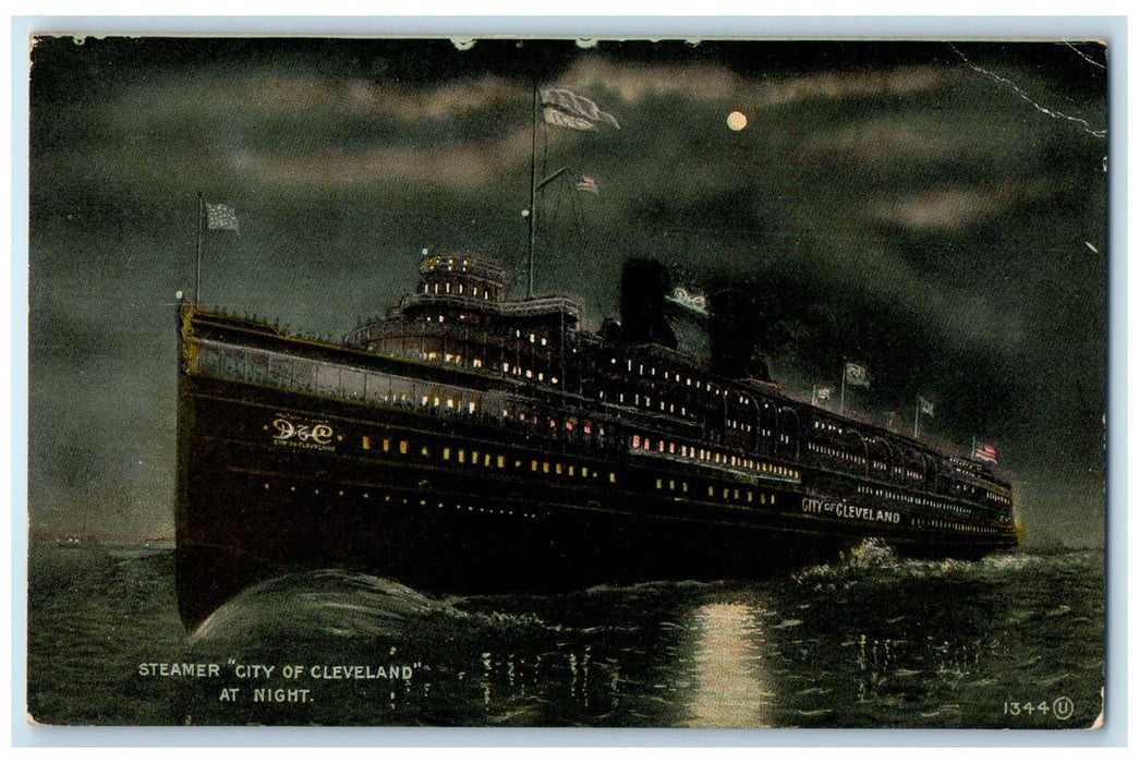 c1950's Steamer City Of Cleveland At Night Passenger Ship Cleveland OH Postcard