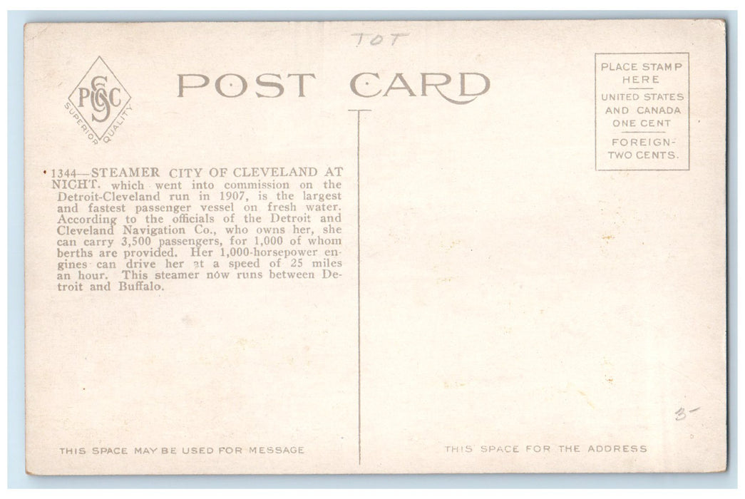 c1950's Steamer City Of Cleveland At Night Passenger Ship Cleveland OH Postcard