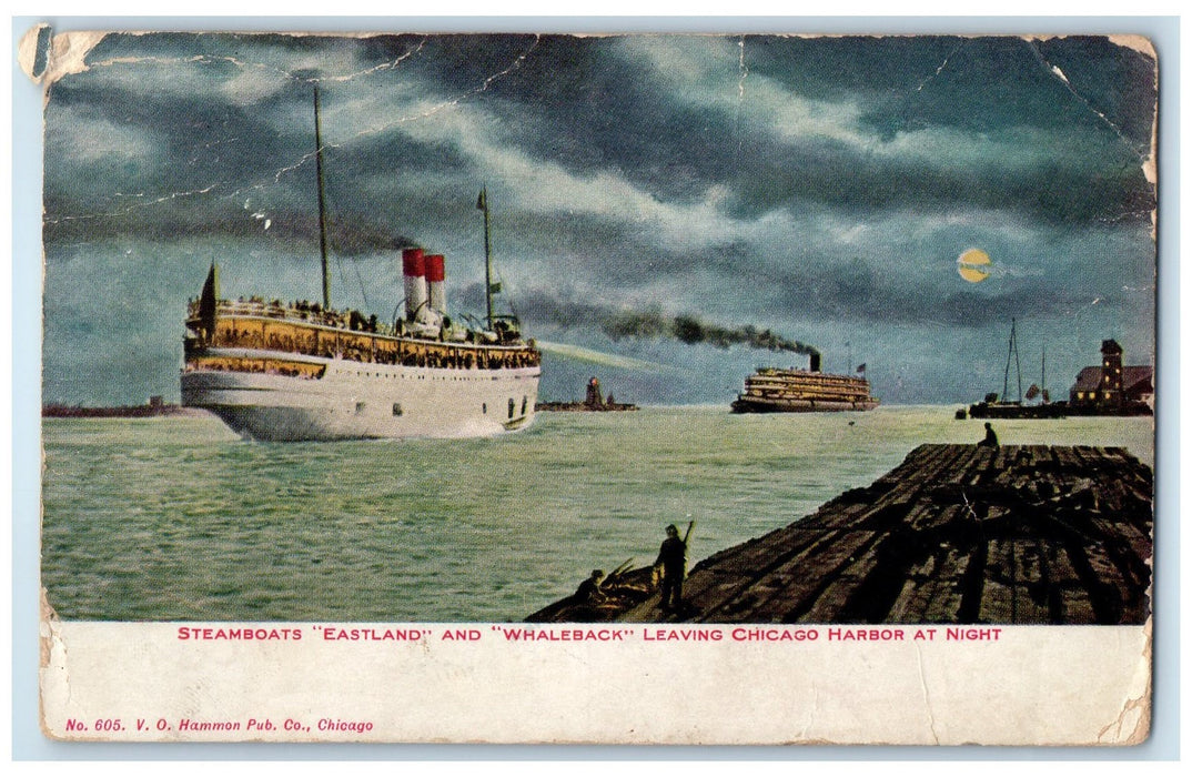 1909 Steamboats Eastland & Whaleback Leaving Chicago Harbor At Night IL Postcard