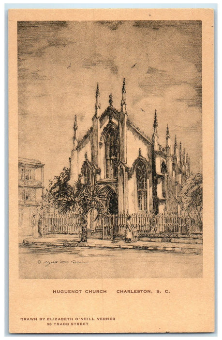 c1920's Huguenot Church Building Tower Charleston South Carolina SC Postcard