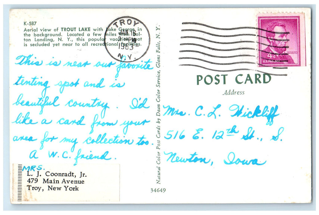 1963 Aerial View Of Trout Lake With Lake George View Troy New York NY Postcard