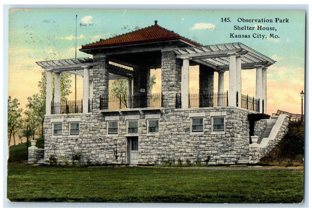 1912 Observation Park Shelter House Building Kansas City Missouri MO Postcard