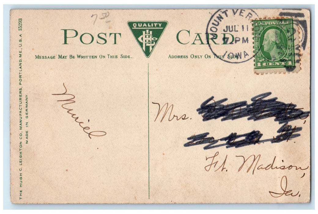 1915 Cornell College Main Building Exterior Mount Vernon Iowa IA Posted Postcard