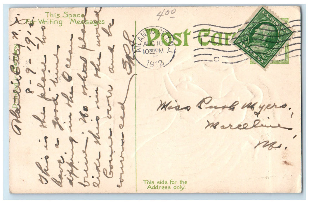 1913 Greetings From Atlantic City NJ Posted Embossed Couple & Big Waves Postcard