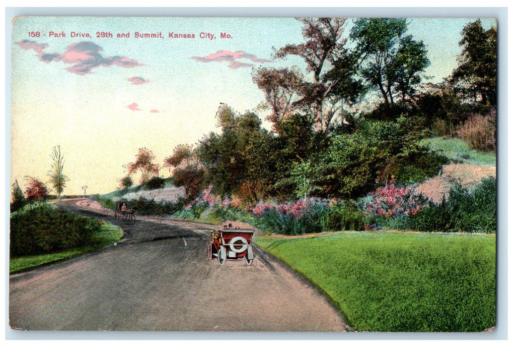 c1910 Park Drive 28th & Summit Dirt Road Classic Car Kansas City MO Postcard