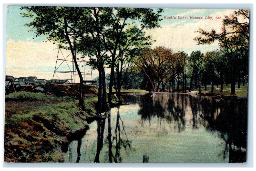 1908 Rocks Lake Tower Trees Ground VIew Kansas City Missouri MO Antique Postcard