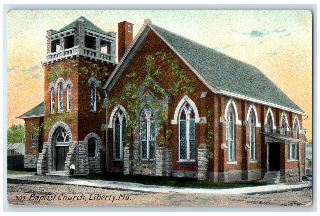 c1950's Baptist Church Building Tower Dirt Road Standing Kid Liberty MO Postcard