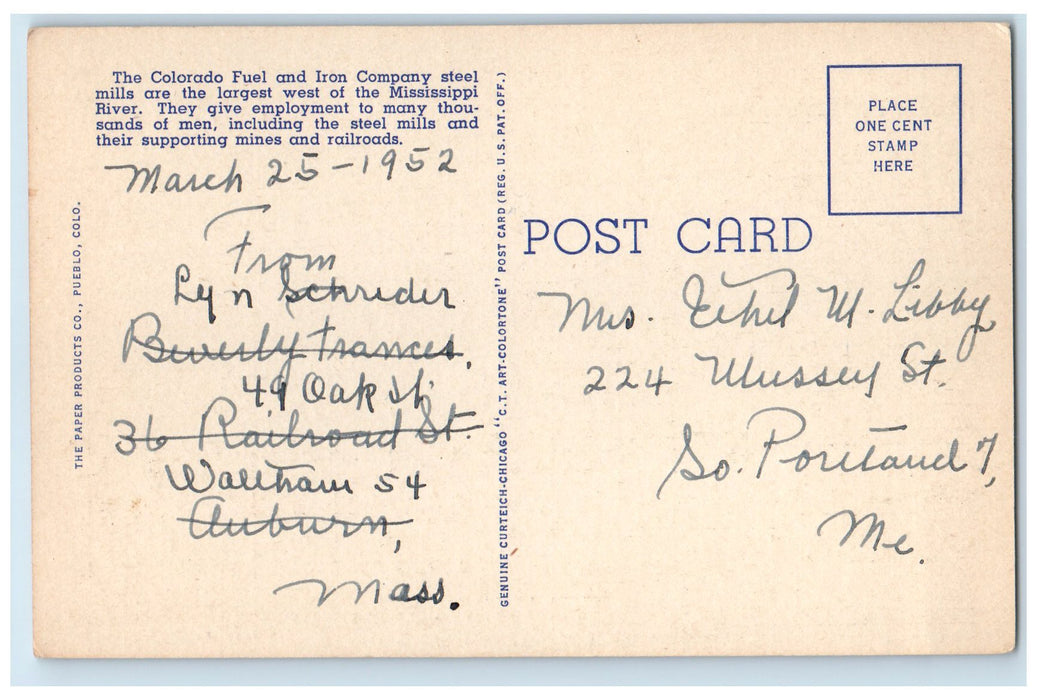 c1940's The Colorado Fuel & Iron Company Minneque Steel Mills Pueblo CO Postcard