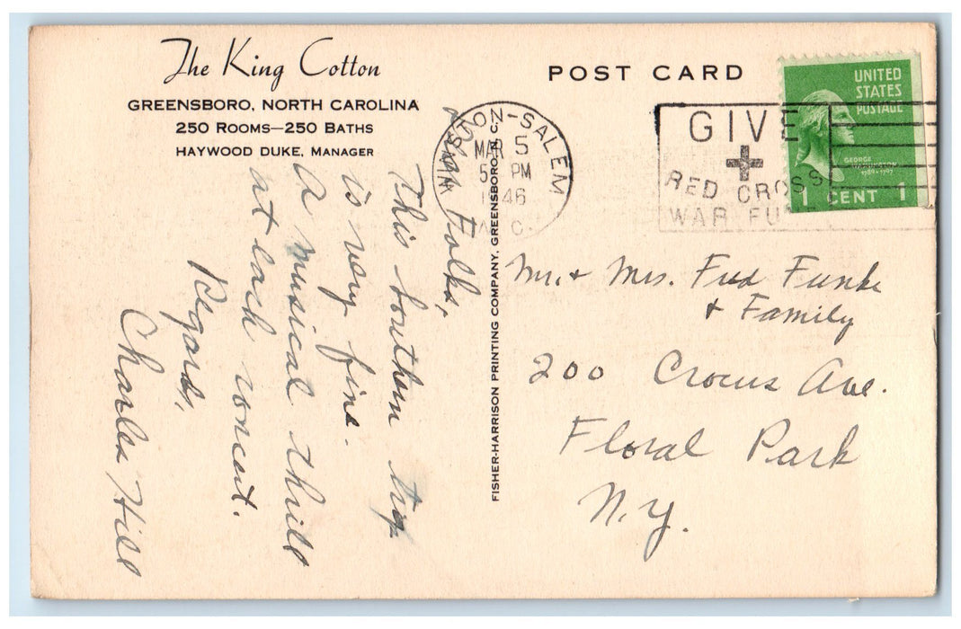 1946 The King Cotton Building Classic Cars Greensboro North Carolina NC Postcard