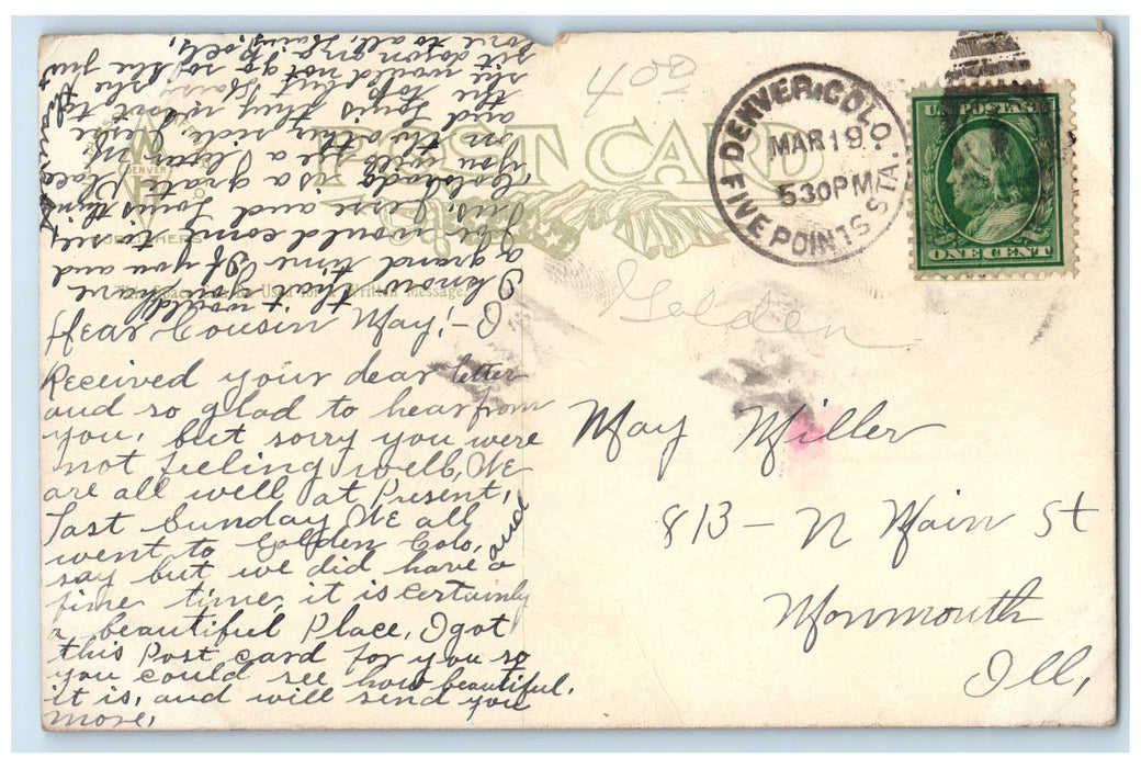 1909 School Of Mines And Golden Colorado View Denver Colorado CO Posted Postcard