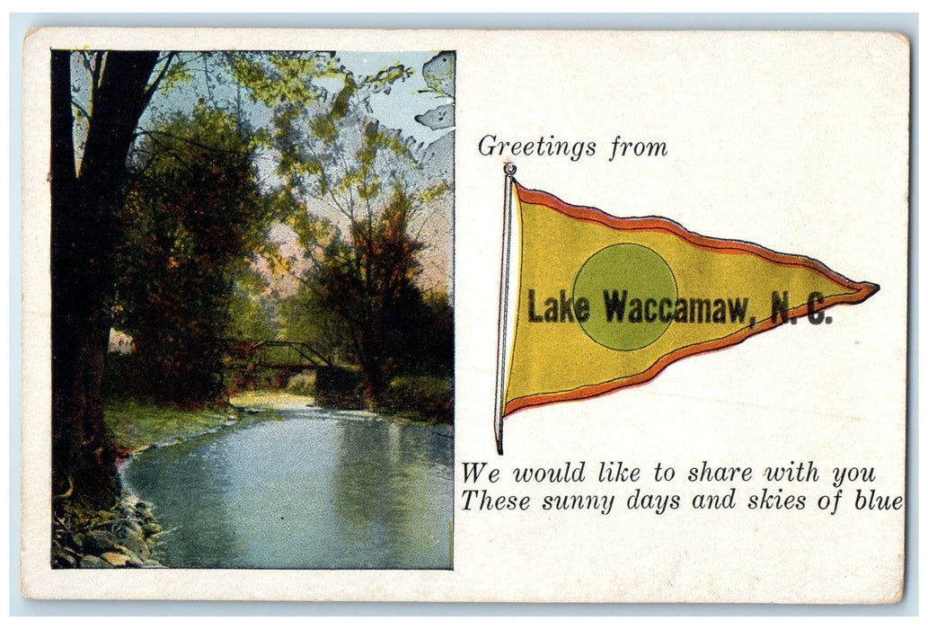 c1920's Greetings From Lake Waccamaw Truss Bridge North Carolina NC Postcard