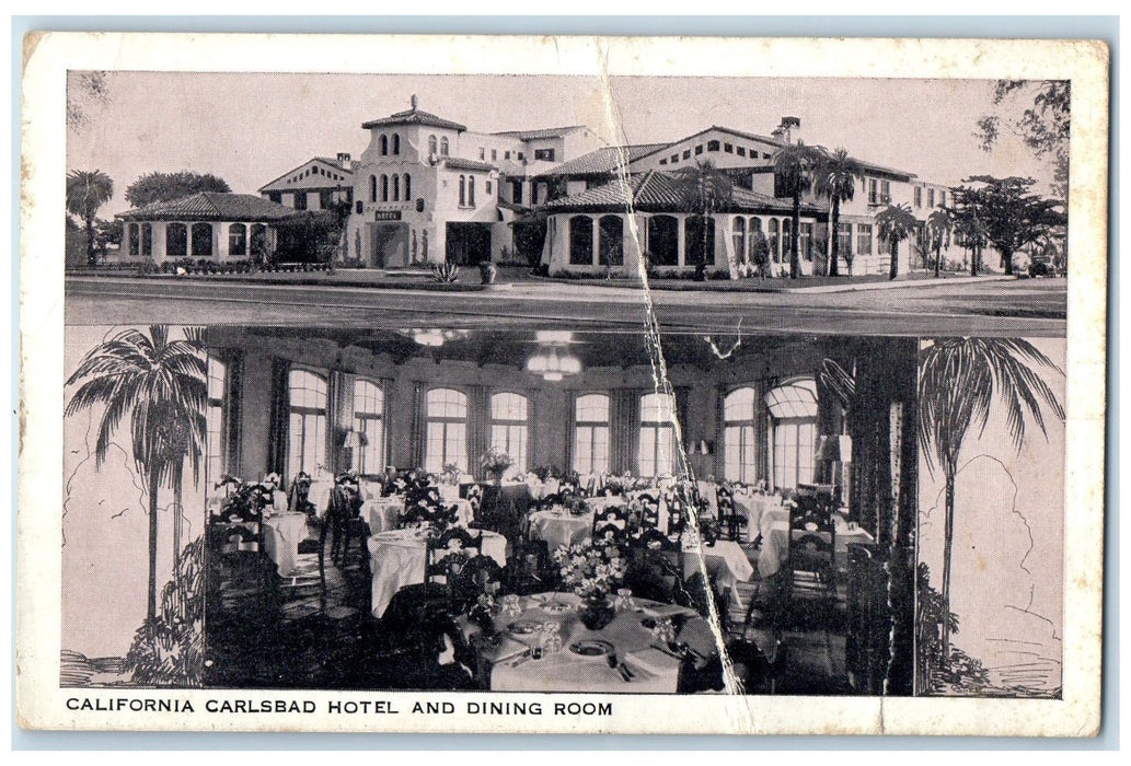 c1920's California Carlsbad Hotel & Dining Room Restaurant Carlsbad CA Postcard