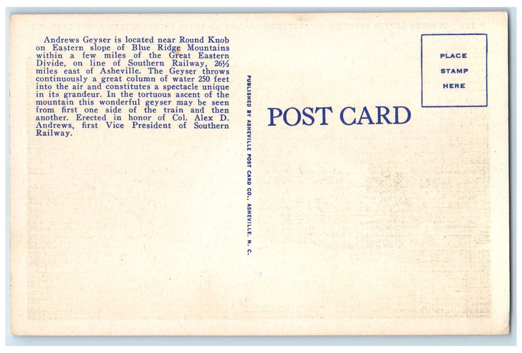 c1940's Andrews Geyser Fountain Railway Locomotive Groves Western NC Postcard