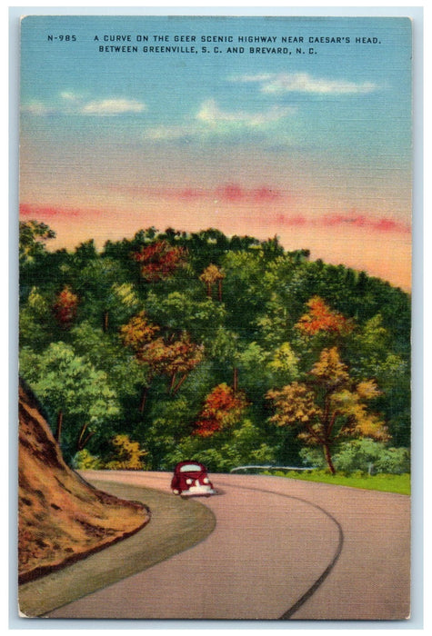 c1940 Curve Geer Scenic Highway Hills Car Greenville South Carolina SC Postcard