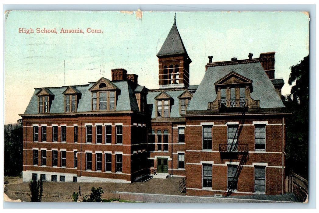 1909 High School Exterior Roadside Ansonia Connecticut CT Posted Trees Postcard