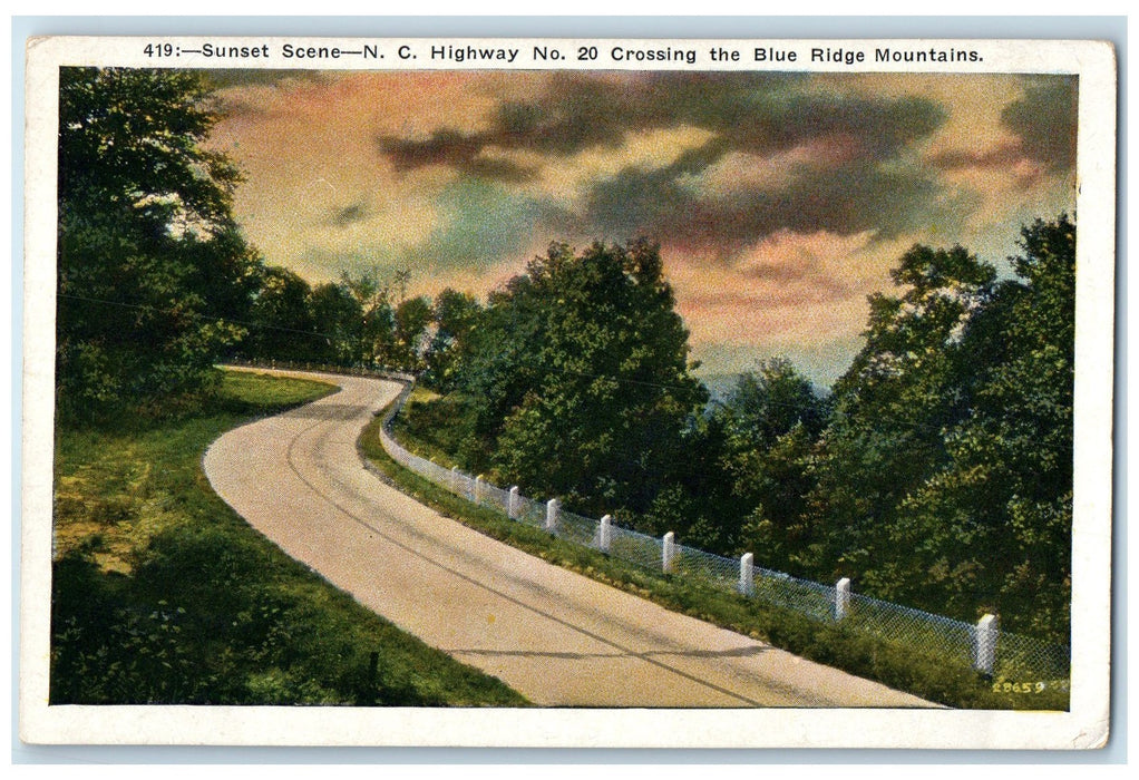 c1920's Sunset Scene Highway Blue Ridge Mountains North Carolina NC Postcard