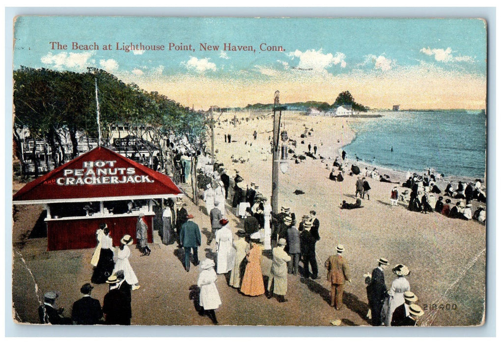 1914 The Beach At Lighthouse People View Point New Haven Connecticut CT Postcard