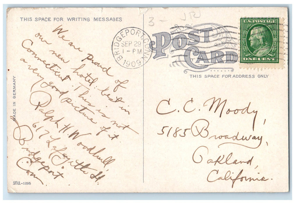 1909 The Stratfield Exterior Roadside Bridgeport Connecticut CT Posted Postcard