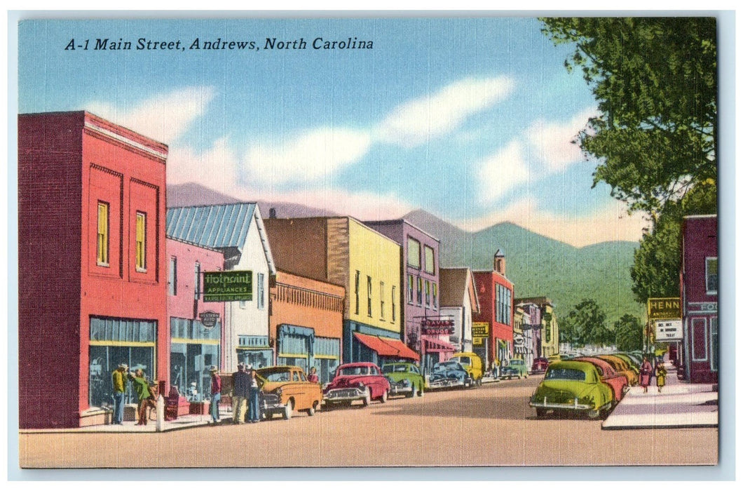 c1940's Main Street Classic Cars Store People Andrews North Carolina NC Postcard