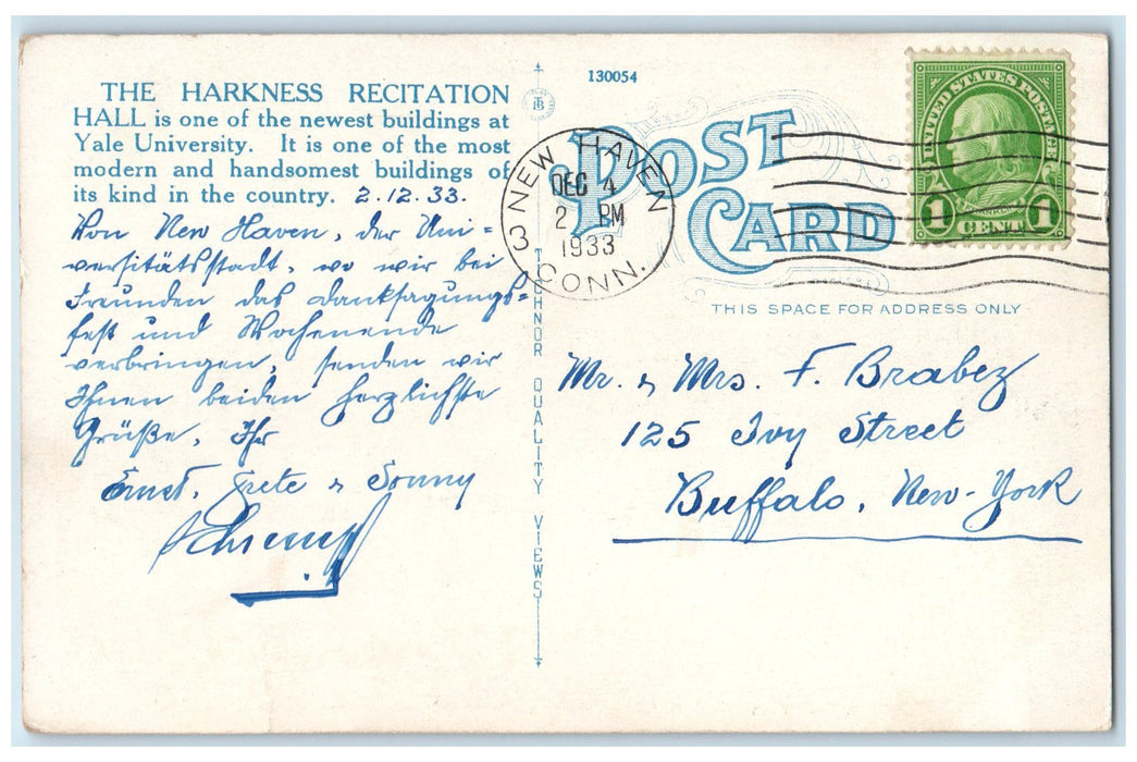 1933 Harkness Recitation Hall Yale University Exterior New Haven CT Postcard