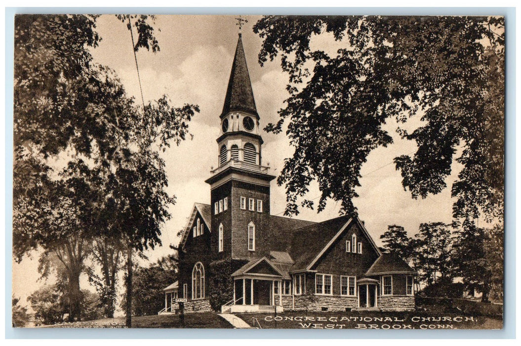 c1940's Congregational Church Exterior West Brook Connecticut CT Trees Postcard