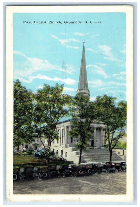1925 First Baptist Church Classic Cars Greenville South Carolina SC Postcard